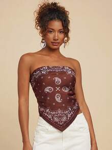 Travachic Women's Woven Paisley Print Tie Back Open Back Bandeau Top - Brown - View 4