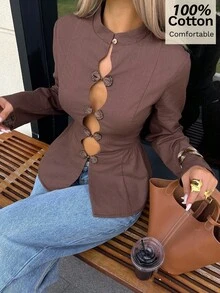 Siren Gaze Women's Cotton Mandarin-Collar Shirt With Frog Closures – Cut-Out Detail, Fitted Waist, And Ruffled Hem; Elegant & Versatile (Coffee Brown) - Brown - View 5