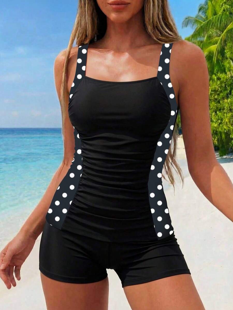 Swim Lushoire Springbreak 2件組女款泳衣套裝,針織豹紋與純色拼接,側腰隨機印花,圓領無袖短褲,休閒運動比基尼套裝 - 黑色 - 查看 1