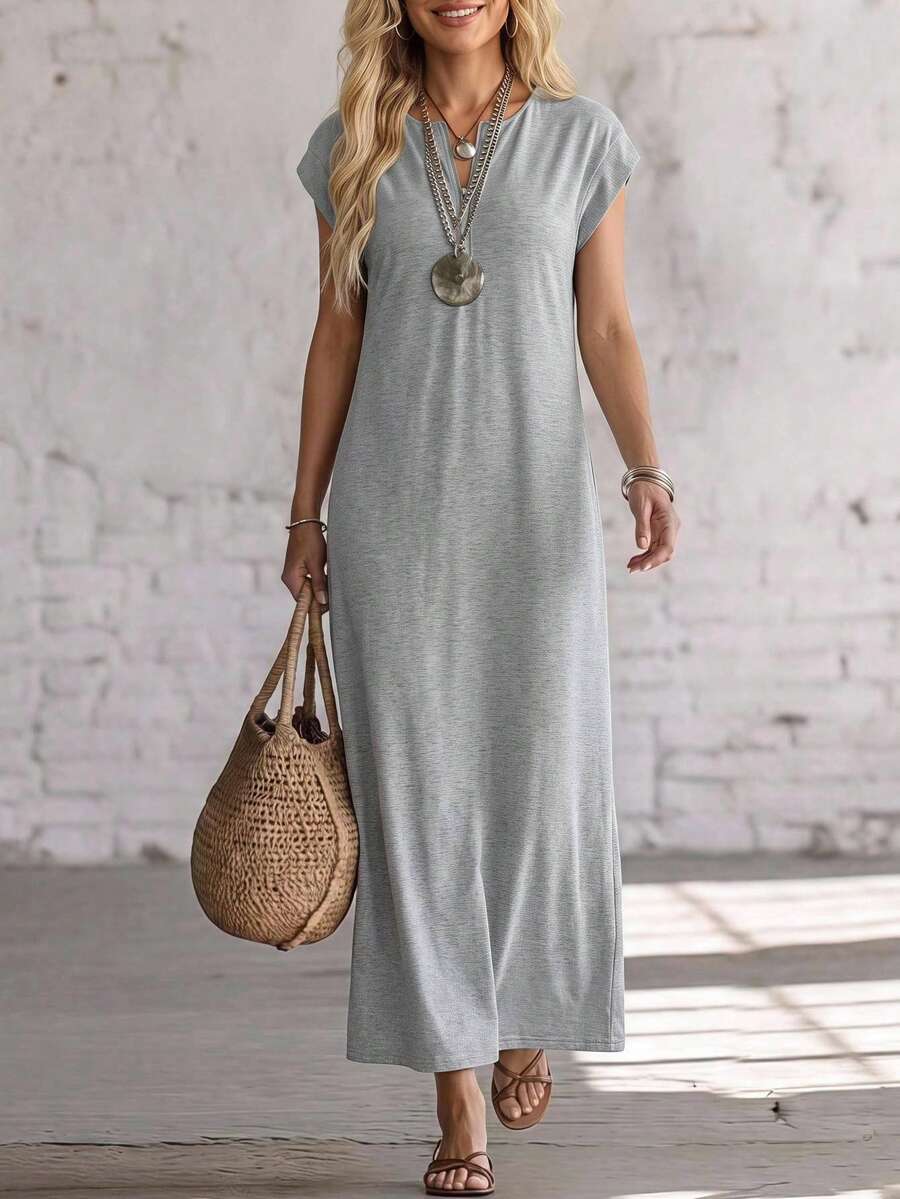 EMERY ROSE Women's Zipper Casual Solid Color Loose Fit Short Sleeve Long Dress, Summer Everyday Light Grey Birthday Going Out Vacation Outfits - Grey - View 1