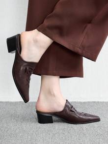 CUCCOO BIZCHIC Pointed Embossed Mules Shoes, Retro Western Style Thick Heel Mules Shoes Fall Shoes - Coffee Brown - View 5