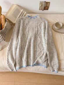 CosyJoli Women's Soft Round Neck Cable Knit Sweater, Loose Lazy Fit, Contrast Trim Pullover, Autumn/Winter - Light Grey - View 5