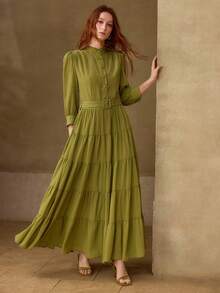 MOTF PREMIUM WOMEN'S LONG DRESS WITH RUFFLE HEM AND BUTTON HALF BUTTON - Green - View 5