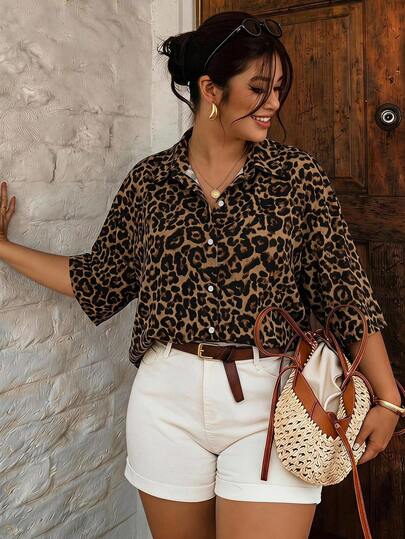 Lounesse Vintage Leopard Print Plus Size Women's Single-Breasted Short Sleeve Shirt