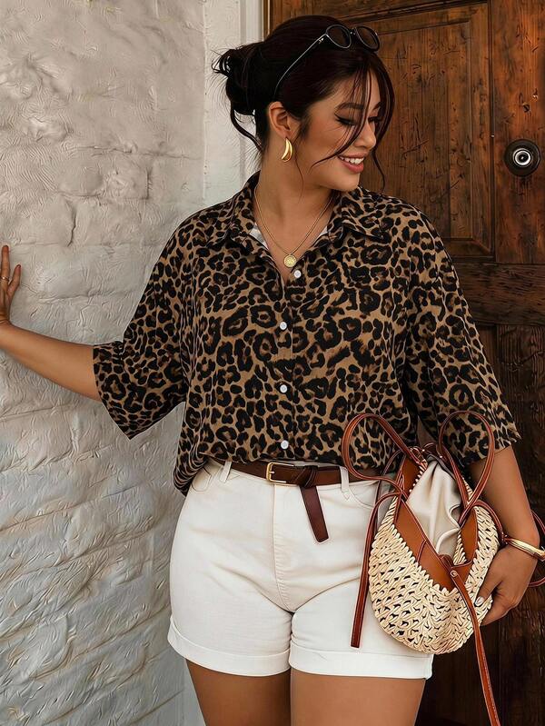 SHEIN Frenchy Vintage Leopard Print Plus Size Women's Single-Breasted Short Sleeve Shirt Fall