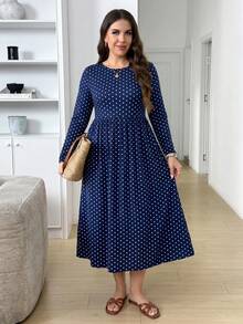 SHEIN LUNE Plus Size Polka Dot Cinched Waist Casual Dress Fall - Navy Blue - View 4