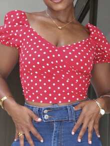 Steph T French Style New Summer Vintage Sweet & Cute Red Polka Dot Print Puff Sleeves Bowknot Blouse For Ladies - Red - View 6