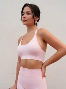 Nelanie Turli Women Plain Neck Minimalist Seamless Stretchy Sports Bra Fall - Baby Pink - View 4