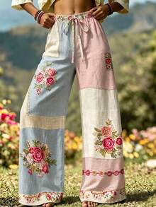Selamara Plus Size Women's Tie Waist Floral Print Casual Versatile Everyday Pants - Multicolor - View 3