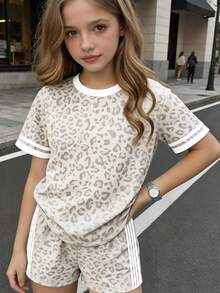 SHEIN Summer Autumn Girls Casual Fashion Creative Leopard Print Daily Style Comfortable Short Sleeve T-Shirt Set, Suitable For Girls To Wear Comfortable Summer Autumn Style, Simple Daily Style Outfit - Multicolor - View 4