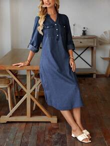 EMERY ROSE Của phụ nữ Cổ áo có khía Đã bỏ túi Giải trí Đầm Denim - Rửa tối - Xem 4
