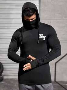 Manfinity Homme Men's Letter Print Built-In Face Mask Drawstring Hooded Long Sleeve Sun Protection Swim Top - Black - View 5