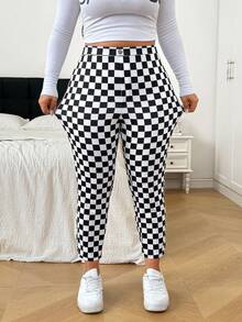 SHEIN EZwear 大尺碼女款棋盤格高腰緊身休閒長褲 - 黑與白 - 查看 5