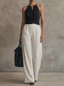 SHEIN LUNE CURVE 2026年春夏新款女款掛脖式串珠條紋連身褲，休閒度假辦公穿搭，時尚街頭居家連身褲 - 彩色 - 查看 1