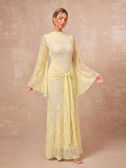 Lumalex Women's Elegant Pale Yellow Autumn Dress,Modest Old Money Lace Formal Dresses For Wedding Garden Party Guest,Dining Holiday Party Tie-Up Flare Sleeve