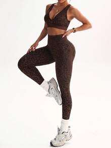 SHEIN Dewbera Women's Seamless Leopard Print Cropped Tank Top And Leggings Sports Set - Brown - View 3
