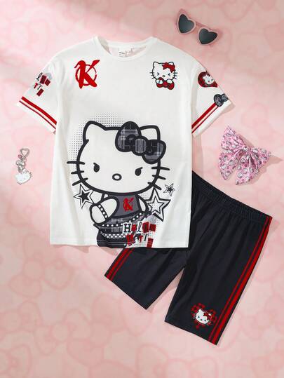 HELLO KITTY AND FRIENDS | SHEIN 2 Parça/Set Eğlenceli Sportif Stil Tween Kız Çocuk Karikatür Baskılı Bisiklet Yaka Bol Kısa Kollu Rahat Tişört ve Dar Şort Takımı