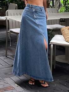 DAZY Women's Asymmetrical Slit Design Urban Casual Denim Skirt Fall Vacation - Medium Wash - View 5
