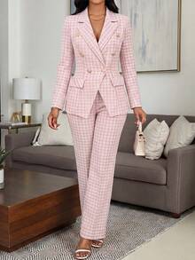 Fleurora Women's Plaid Lapel Neck Long Sleeve Double-Breasted Jacket And Pants Elegant Casual Suit Set Office Business Dinner Pink Check Work Outfits For Women - Baby Pink - View 3