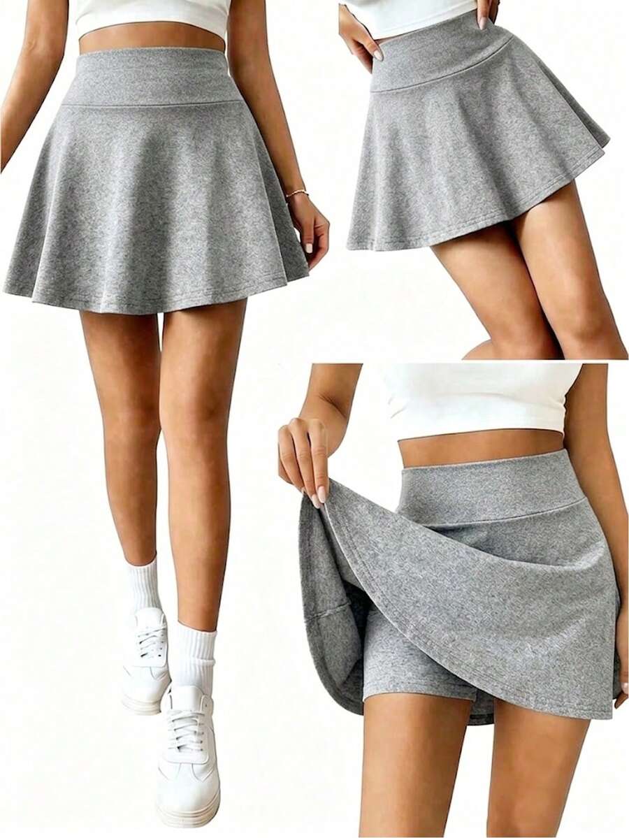 SHEIN 青少年女孩秋季休閒寬鬆百搭裙,內建短褲,開學季,百褶,日常,優雅,套裝,正式舞會白色 - 淺灰色 - 查看 1