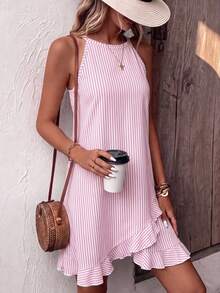 EMERY ROSE New Summer Style For Ladies: French Blue And White Striped Off-The-Shoulder A-Line Dress With Asymmetrical Ruffle Hem And Sleeveless Design For A Slimming Effect, Perfect For Vacation. - Multicolor - View 3