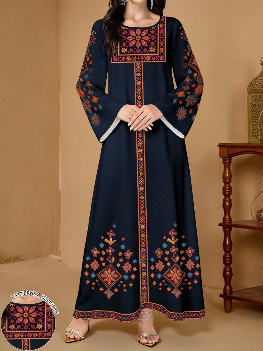 SHEIN Najma 女士花卉植物印花优雅圆领长袖春季阿拉伯风格连衣裙 - 彩色 - 查看 1