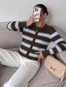 Muvela Women's Striped Long Sleeve Single-Breasted Casual Knit Cardigan - Brown - View 9