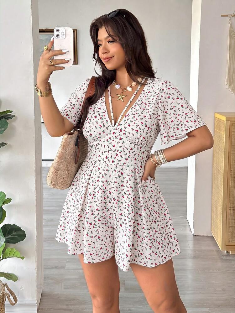 Vionelle Plus Size Spring/Summer Casual Vacation Beach Floral Deep V-Neck Short Sleeve Jumpsuit - White - View 3