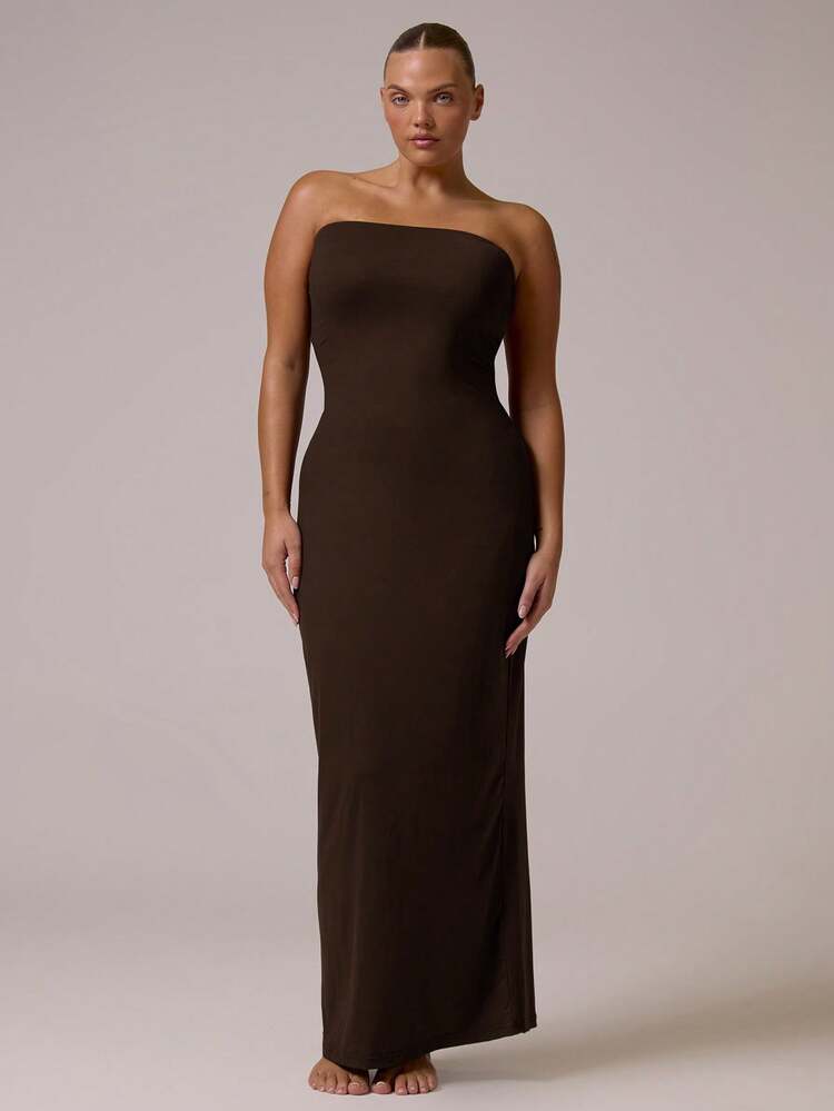 MUSERA Plus Size Fitted Strapless Maxi Dress Everyday Casual Spring Summer Vacation Holiday Essentials - Brown - View 4