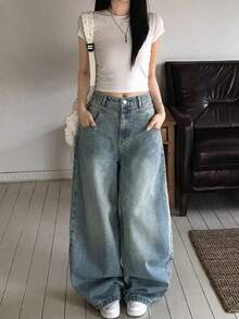 Livesso 春夏女款寬鬆休閒水洗做舊長版牛仔褲 - 藍色 - 查看 7
