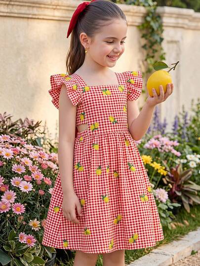 SHEIN LMoss Kids Young Girl Young Girl Young Girl Young Girl Young Girl Yellow Plaid T With Lemon Print For Vacation Style Cute Vacation Dress