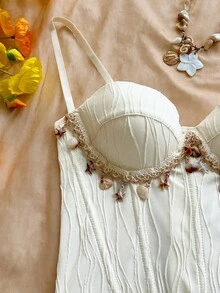 Soleia Women's Lace French Style Starfish Shell Tassel Decor Fishbone Top - White - View 5