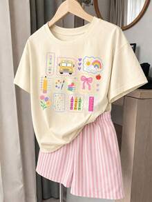 青少年女孩休閒圖案短袖寬鬆落肩T恤，適合夏季 - 彩色 - 查看 5