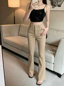 DAZY 女款休閒街頭風喇叭牛仔長褲，春夏秋音樂祭穿搭 - 卡其色 - 查看 5