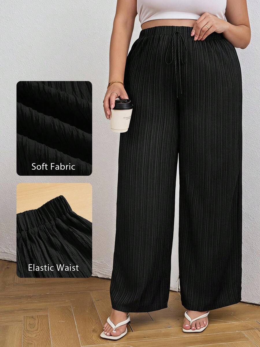 SHEIN Tall CURVE Plus Casual Textured Wide-Leg Capri Pants, Wearable In All Seasons Fall - Black - View 1