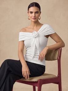 Almamuse Camiseta de mujer con flor 3D de cinta de punto jacquard - Multicolor - Ver 2