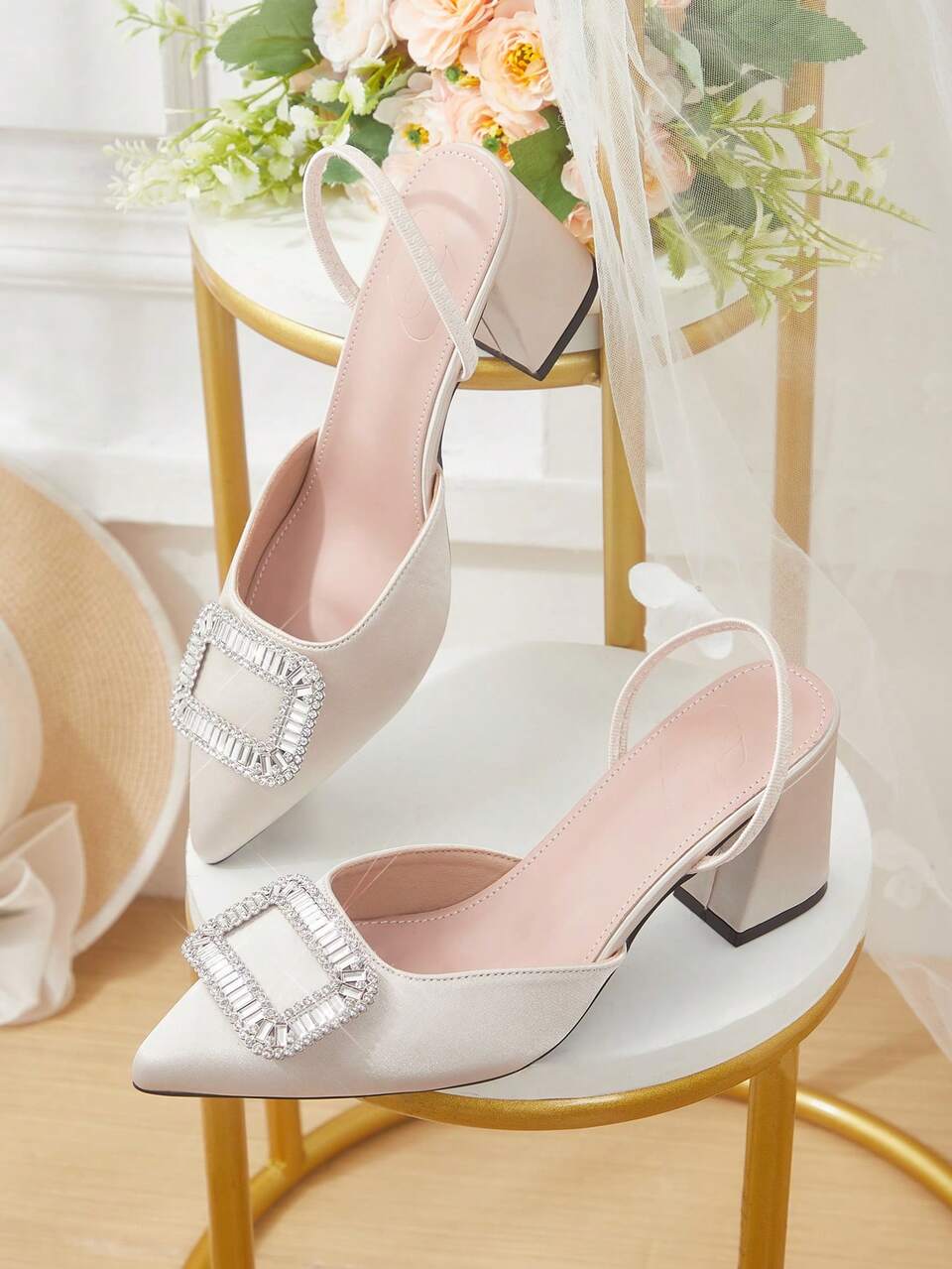 CUCCOO HITCHD Women's Chunky Heel Rhinestone Buckle Satin Material Apricot High Heel Pumps Fashion Elegant Open Back Shoes For Date Afternoon Tea