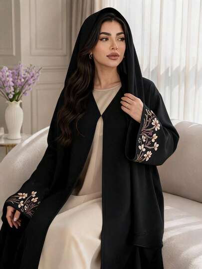 Al Najma อาบายาผู้หญิงไซส์ใหญ่ ลายดอกไม้ปักที่แขน ทรงหลวม สำหรับงานแต่งงาน ฤดูร้อน สไตล์สุภาพ เอเชียจีน