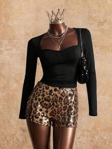 SHEIN Elegant Black Cup-Style T-Shirt,Women Long-Sleeve Built-In Bra Top,Fall Winter Night Out Seksi Chic Blouse,Chic Layering Tops Women - Black - View 3