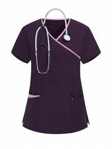 TaskEZ Solid Color Patchwork V-Neck Short Sleeve Top And Pants Scrub Uniform Set - Purple - View 3