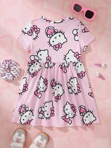 HELLO KITTY AND FRIENDS | SHEIN Gaun Kasual Lengan Pendek Leher Bulat Motif Kartun untuk Anak Perempuan - Berwarna merah muda - View 2