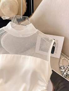 Franclia 女款優雅網紗拼接白色上衣，夏季緞面抓褶背心，派對 Y2K 風格休閒通勤辦公穿搭，正式商務畢業禮服 - 杏色 - 查看 5