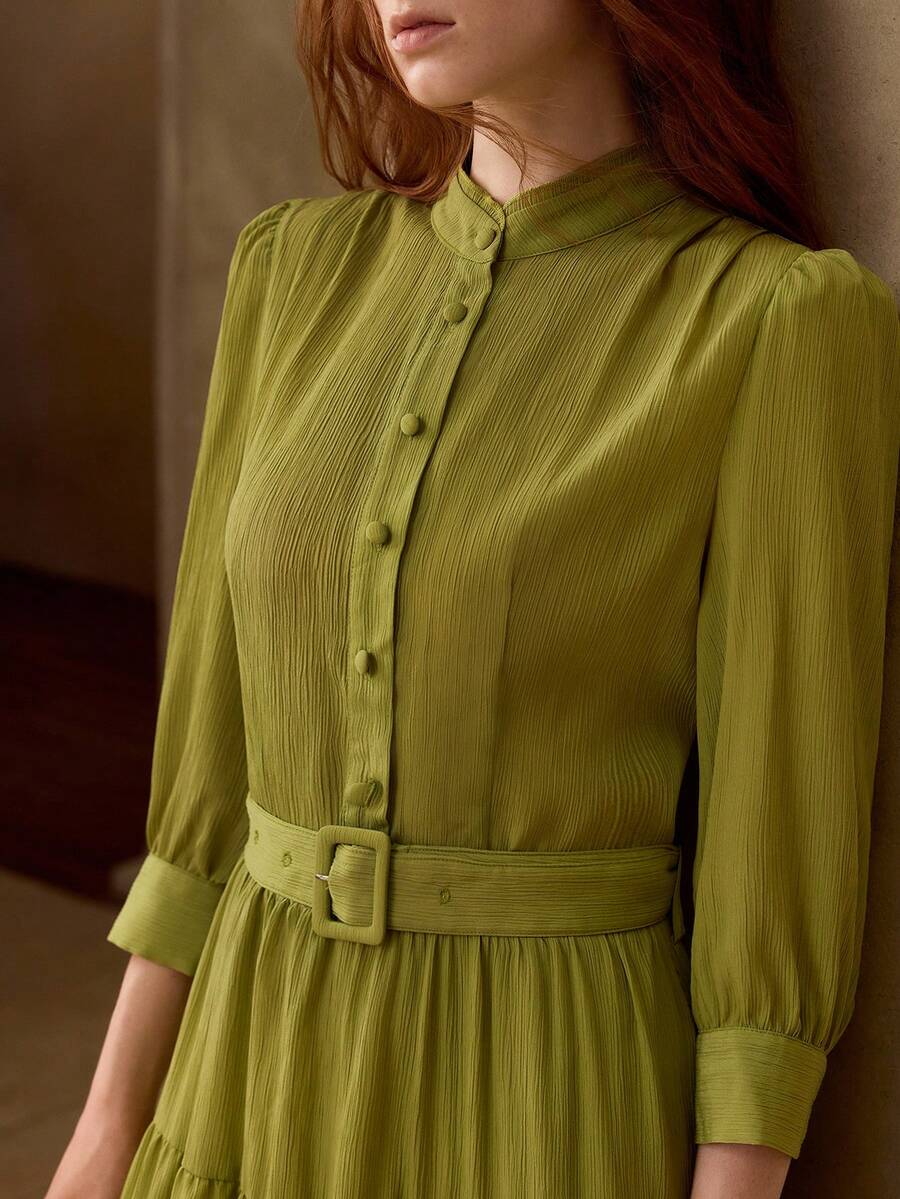 MOTF PREMIUM WOMEN'S LONG DRESS WITH RUFFLE HEM AND BUTTON HALF BUTTON - Green - View 2