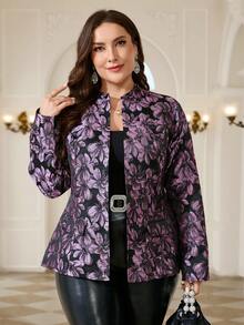 Reflora Plus Size Women Elegant Vintage Jacquard Long Sleeve Blazer Jacket Evening Office Wedding Guest Black Summer Fall - Purple - View 1