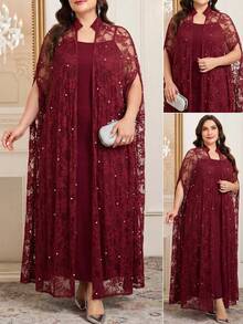 Reflora Conjunto de 2 piezas de vestido bata largo de encaje transparente con decoración de cuentas para tallas grandes - Rojo - Ver 10