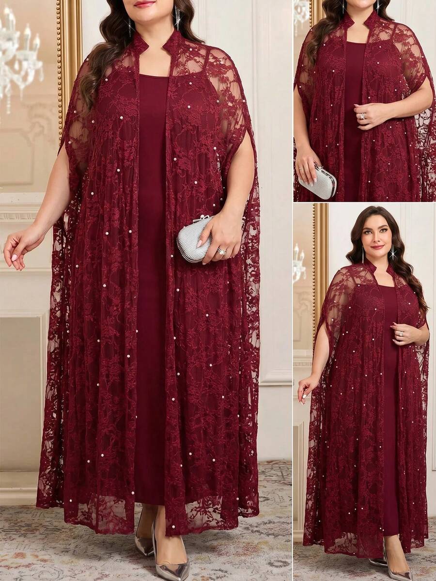 Reflora 2-delat set med lång genomskinlig spetsklänning/morgonrock med pärldekor i plus size