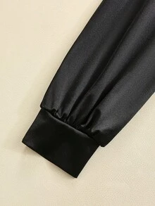 GlowEve 女款黑色緞面泡泡袖迷你洋裝，深V領，蕾絲下擺，抓皺腰部，修身剪裁，正式派對晚裝 - 黑色 - 查看 7