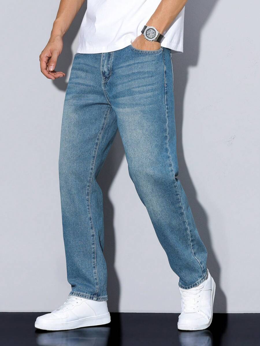 Manfinity Homme Jeans rectos de color liso con bolsillo para hombres, de uso versátil y casual - Azul - Ver 1