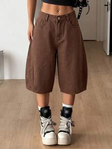 Coolane Women's Casual Coffee Brown Panel Seam Baggy Mid Calf Shorts Elastic Back Waist Wide Leg Streetwear Capri Pants Summer Halloween Y2K Day Drinking - Brown - View 2