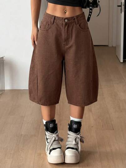 Coolane Women's Casual Brown Washed Panel Seam Baggy Mid Calf Shorts Elastic Back Waist Wide Leg Mid Length Streetwear Capri Pants,Fall/Winter,Halloween,Y2K